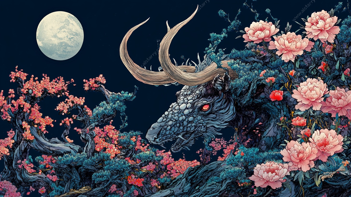 月夜下的奇幻鹿头花卉景象