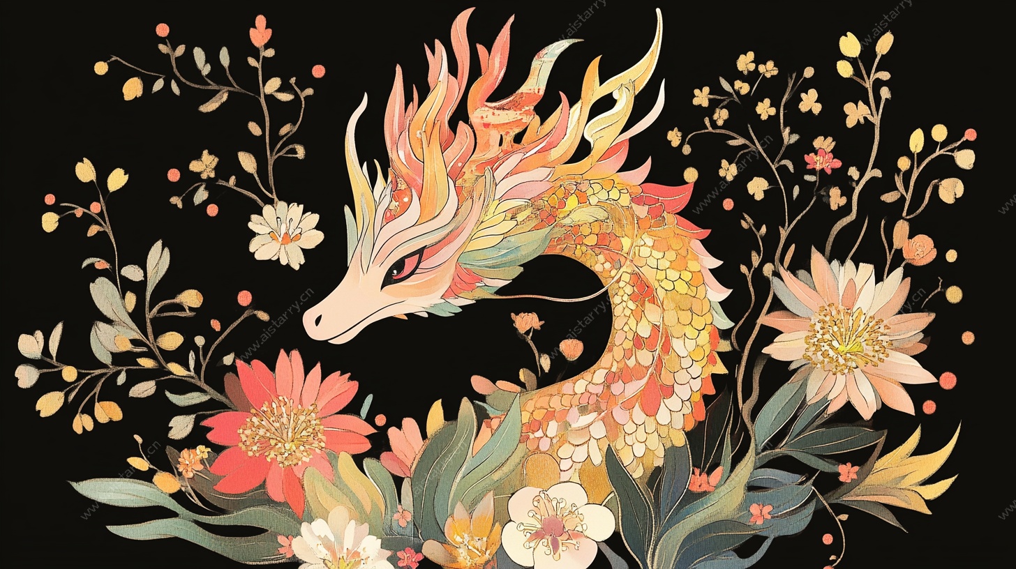 花卉环绕的奇幻龙形象