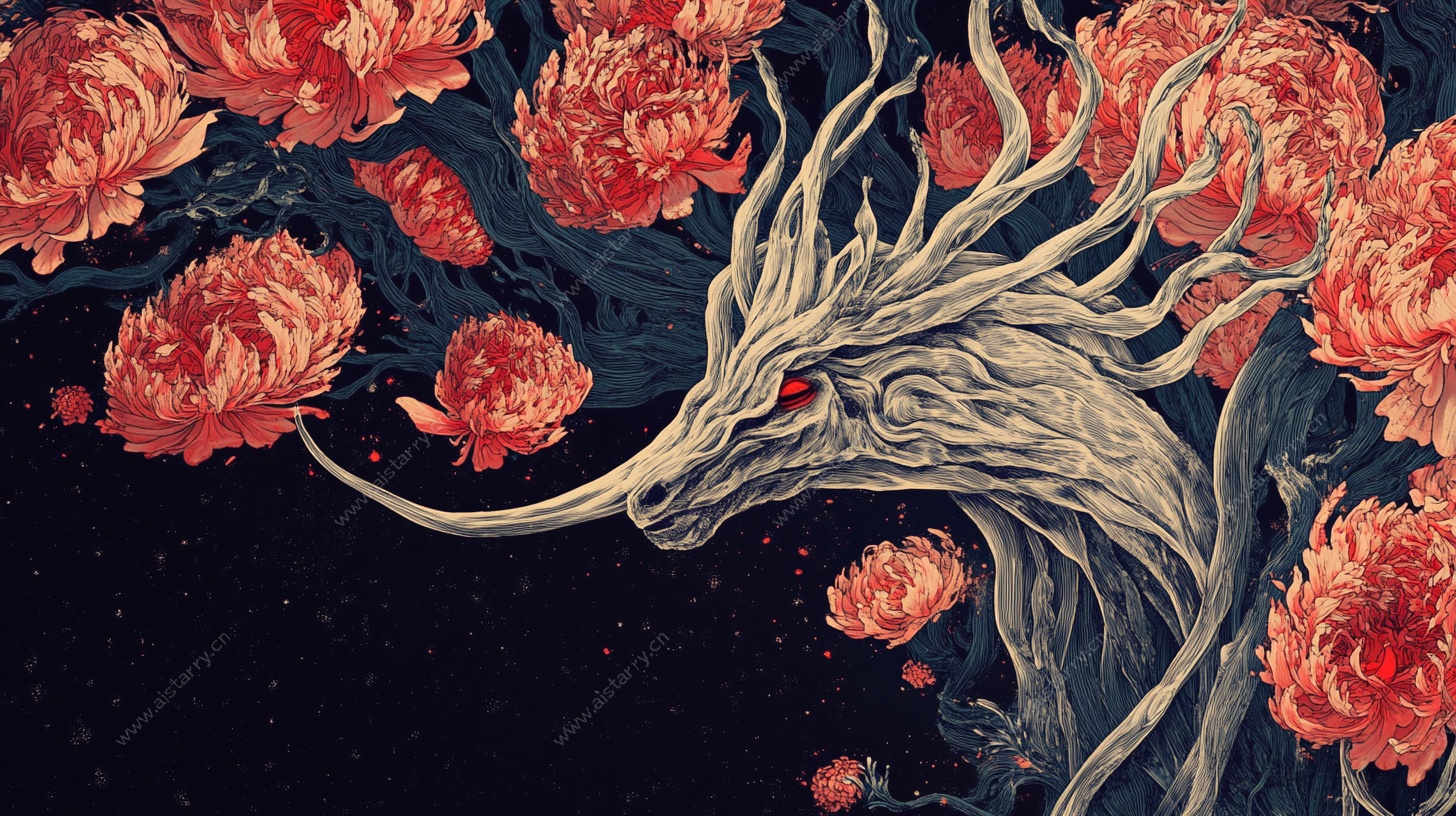 花卉环绕的神秘龙头插画