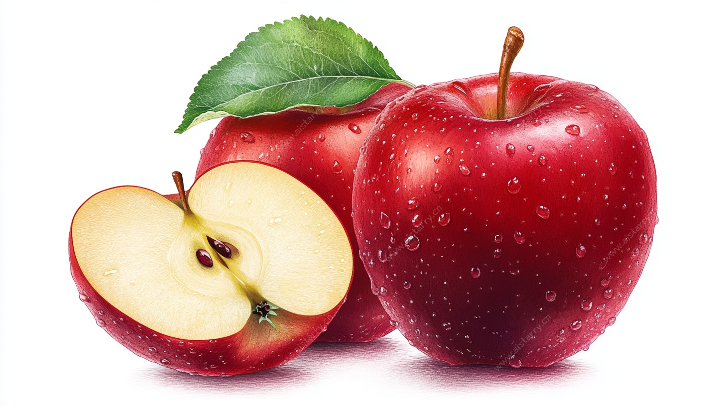 新鲜红苹果 带水珠有切片