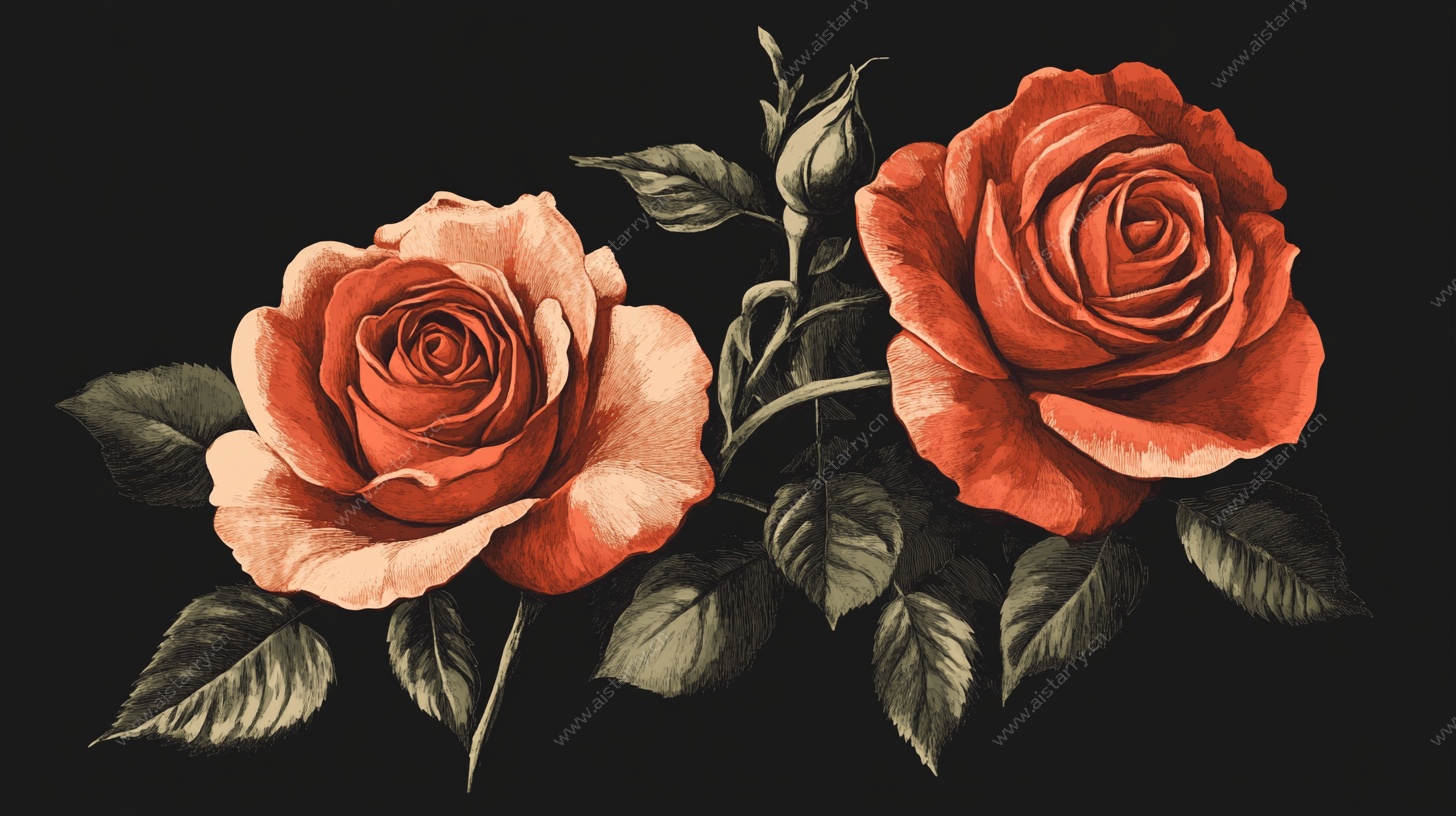 复古风双朵红玫瑰插画