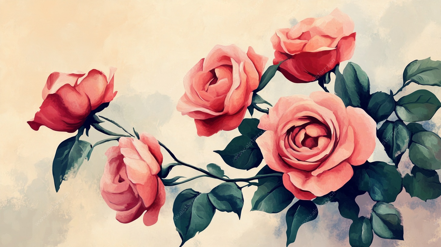 手绘粉色玫瑰花枝