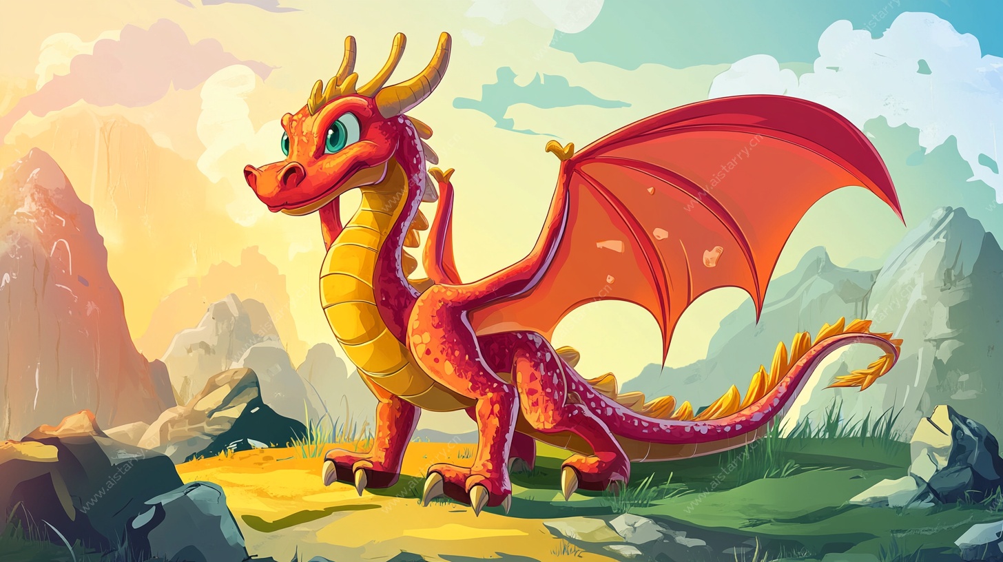 奇幻红龙立于山水间