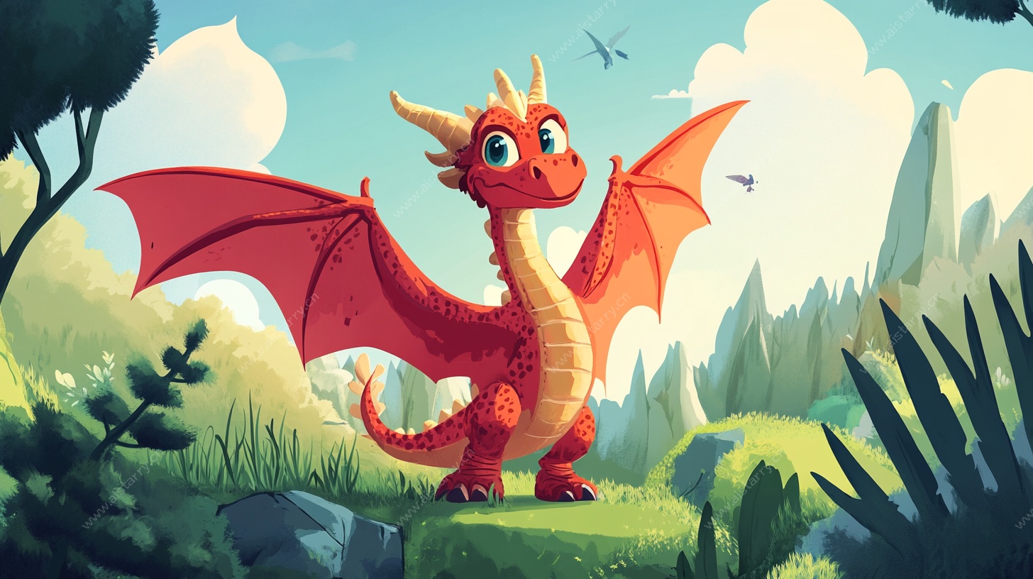 可爱红飞龙立于绿野间