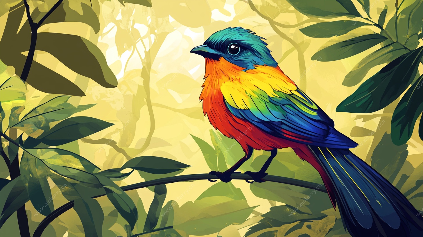 多彩小鸟栖息于繁茂枝叶间