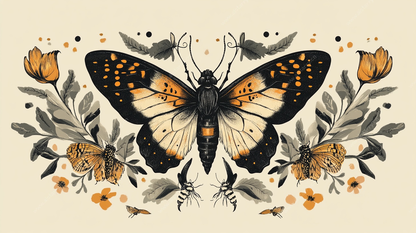 复古风蝴蝶花卉插画