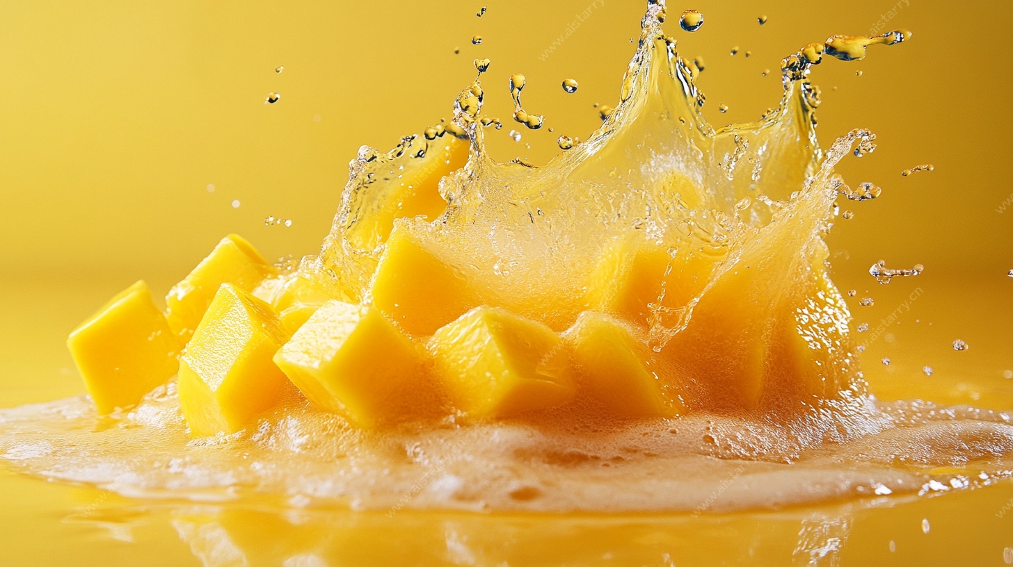 芒果块溅起果汁瞬间