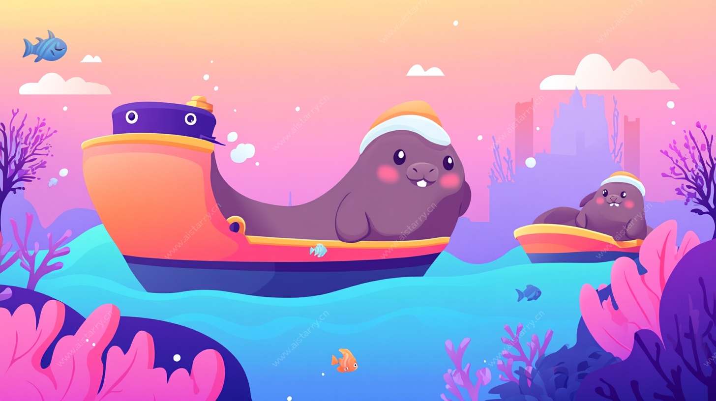 海獭划船趣 海洋卡通风景