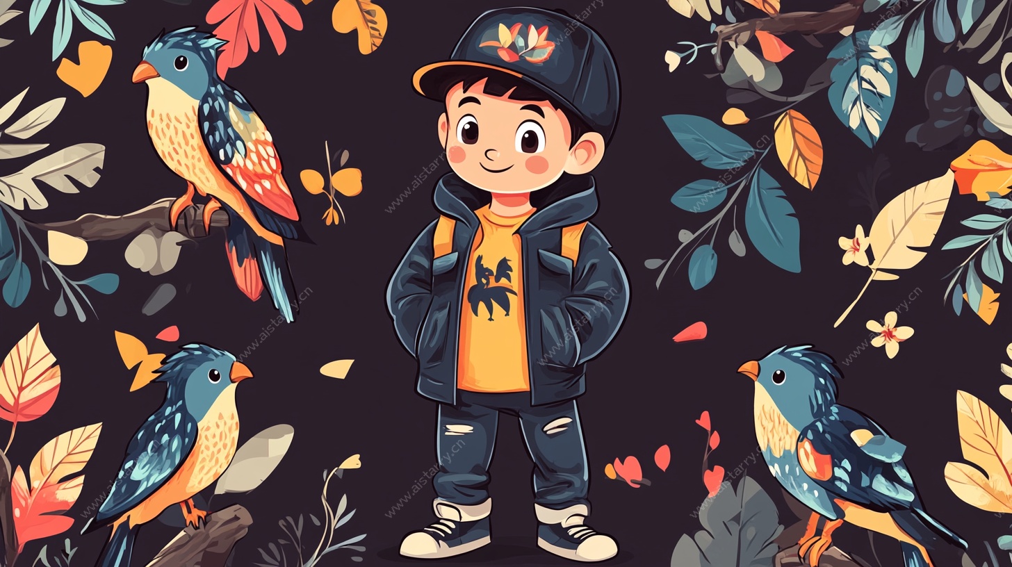 男孩置身花鸟环绕的奇幻世界