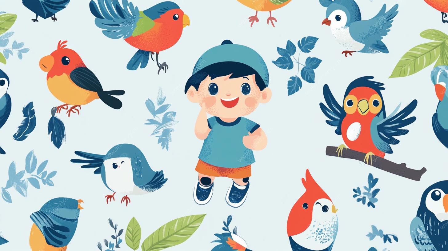 男孩与多彩鸟儿的童趣图案