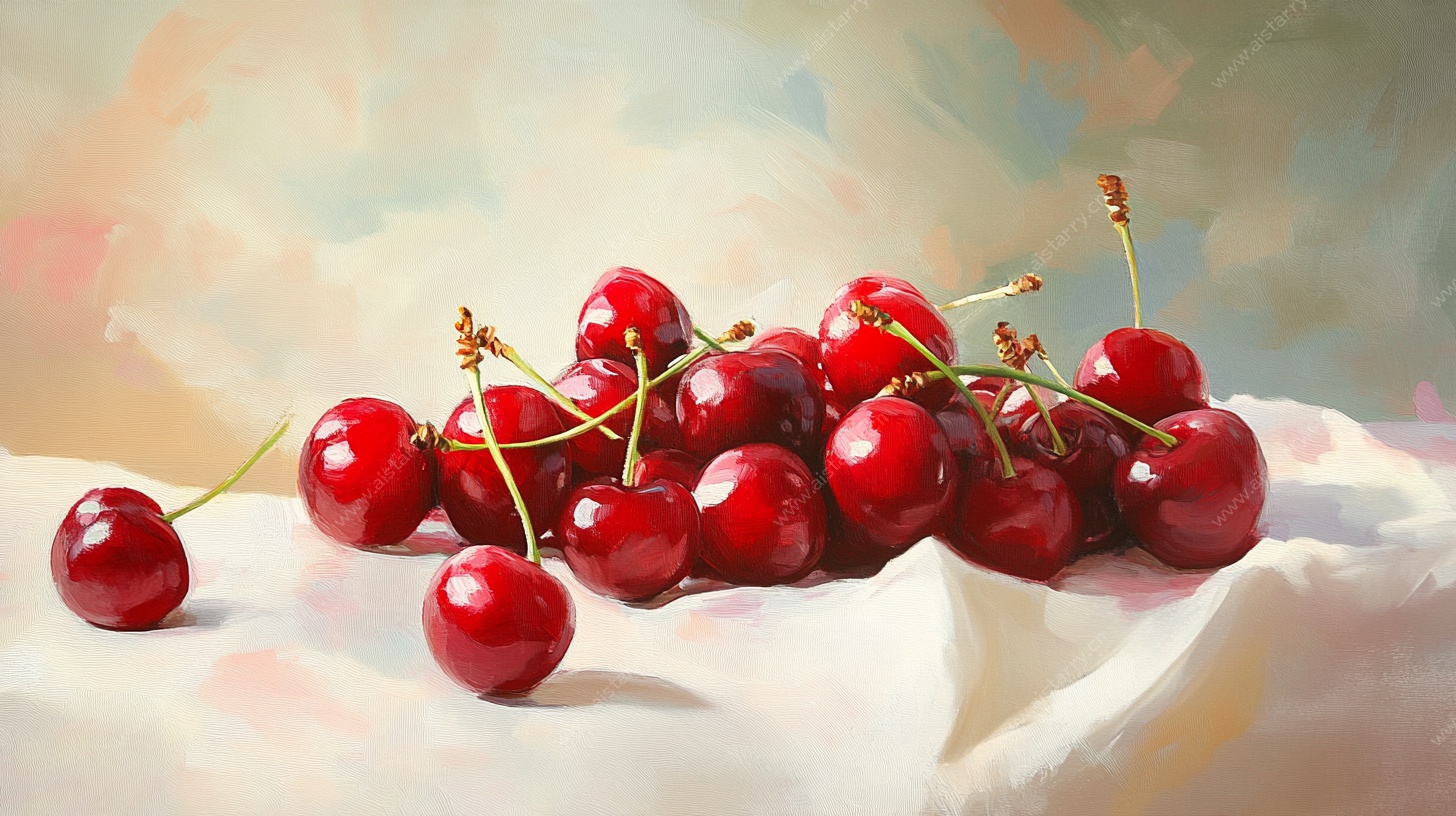 油画风鲜红樱桃静物图