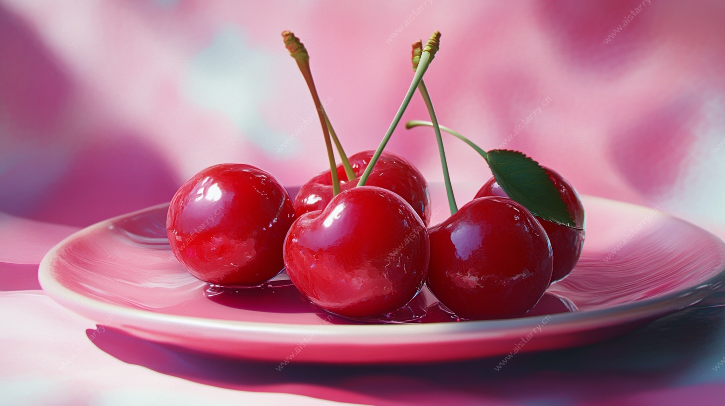 粉色盘上的鲜嫩红樱桃