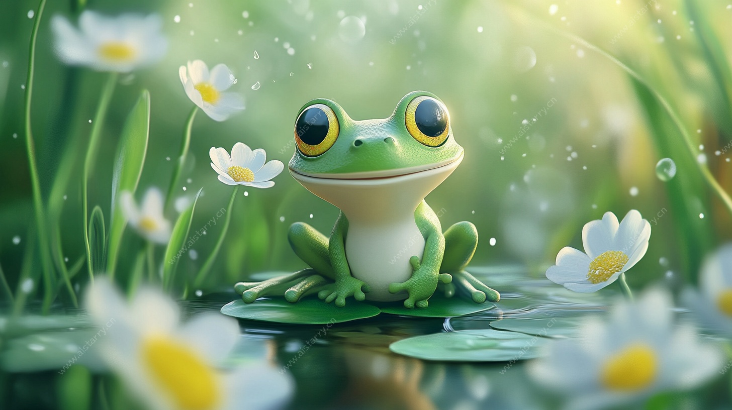 可爱青蛙置身烂漫花丛中