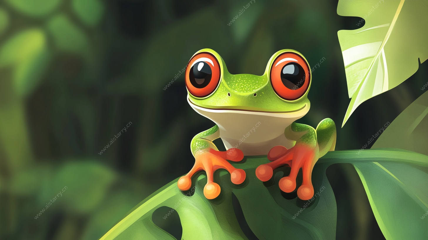 可爱绿青蛙栖息绿叶间