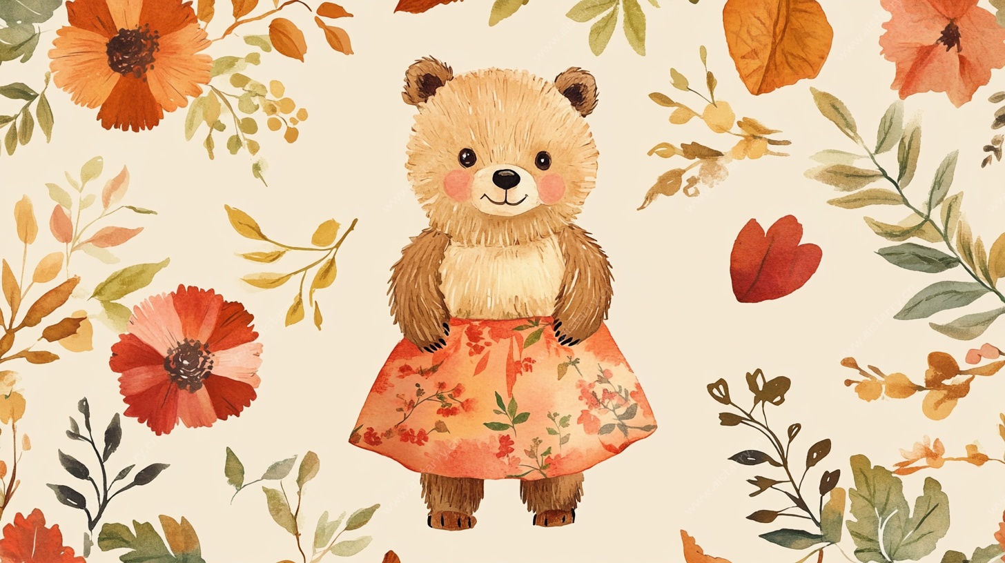 小熊穿花裙的秋日插画
