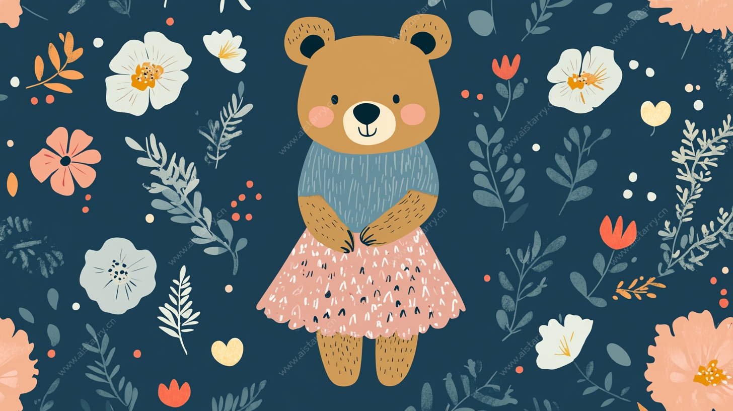 穿裙小熊的花卉背景图