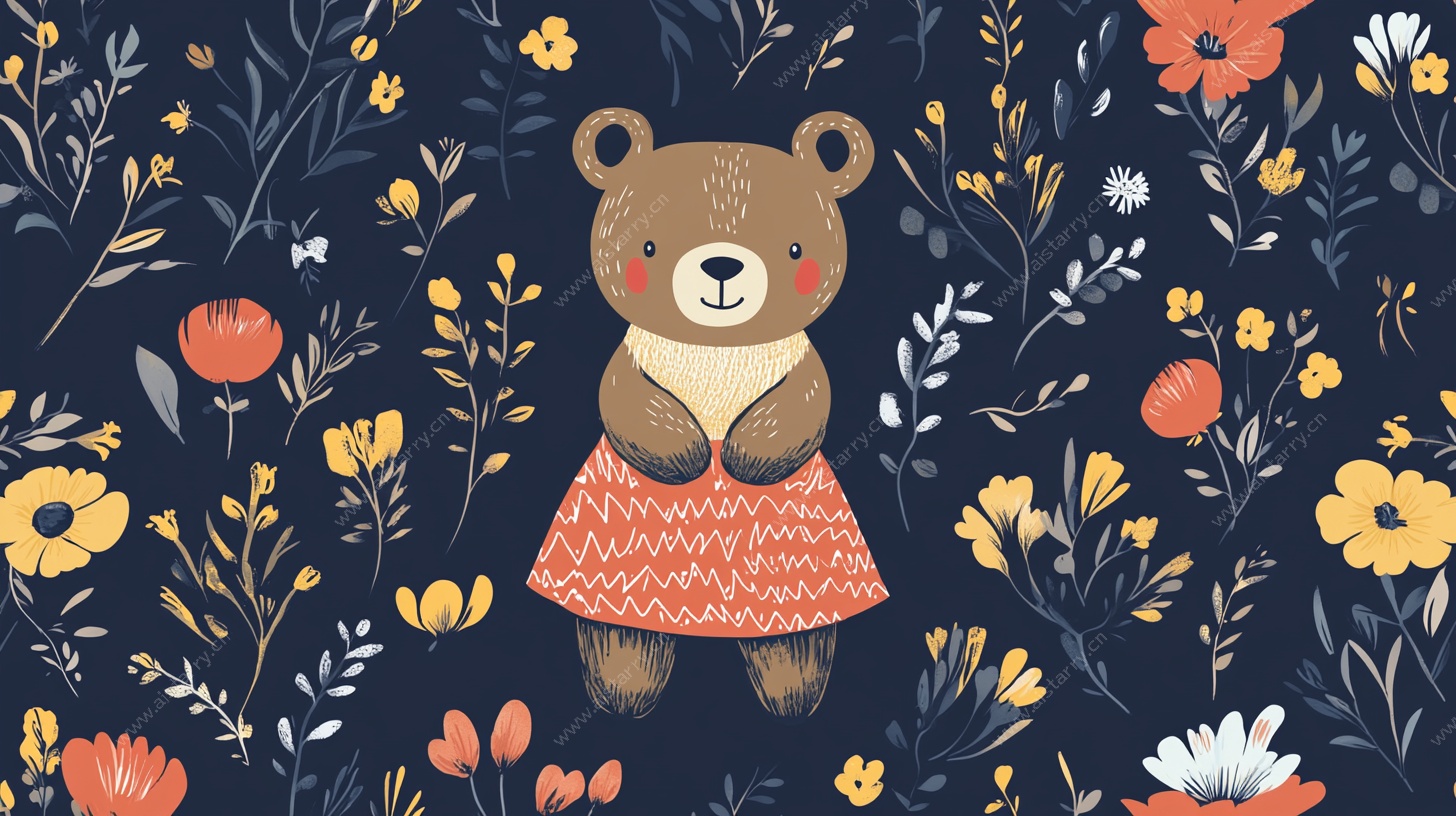 小熊穿花裙的梦幻插画
