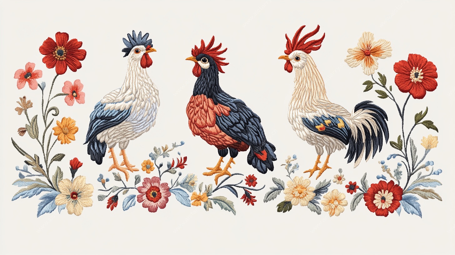 三只公鸡与花卉装饰画