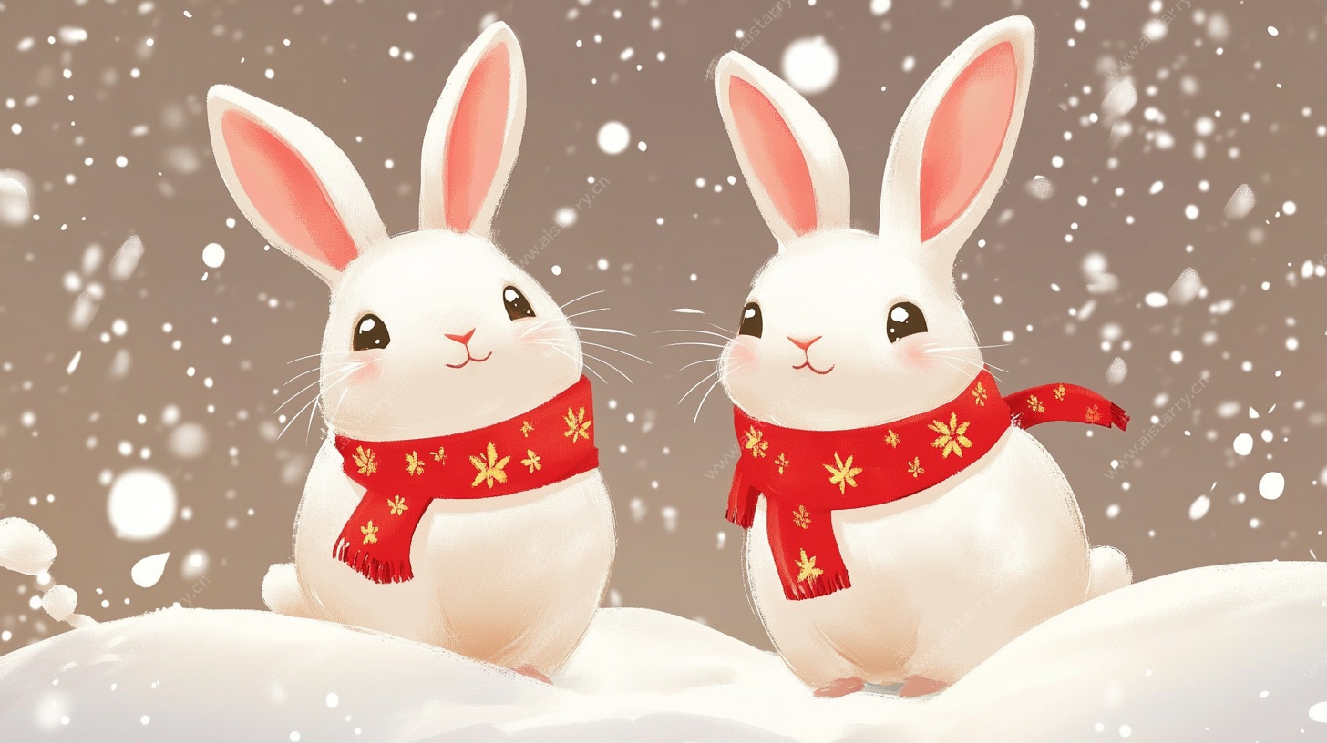 雪中小兔戴围巾的温馨画面