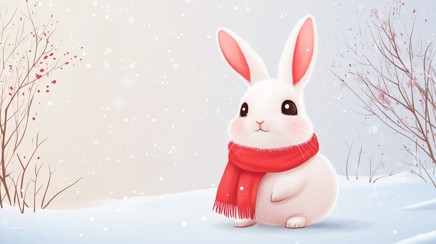 雪地中的围红围巾小兔子