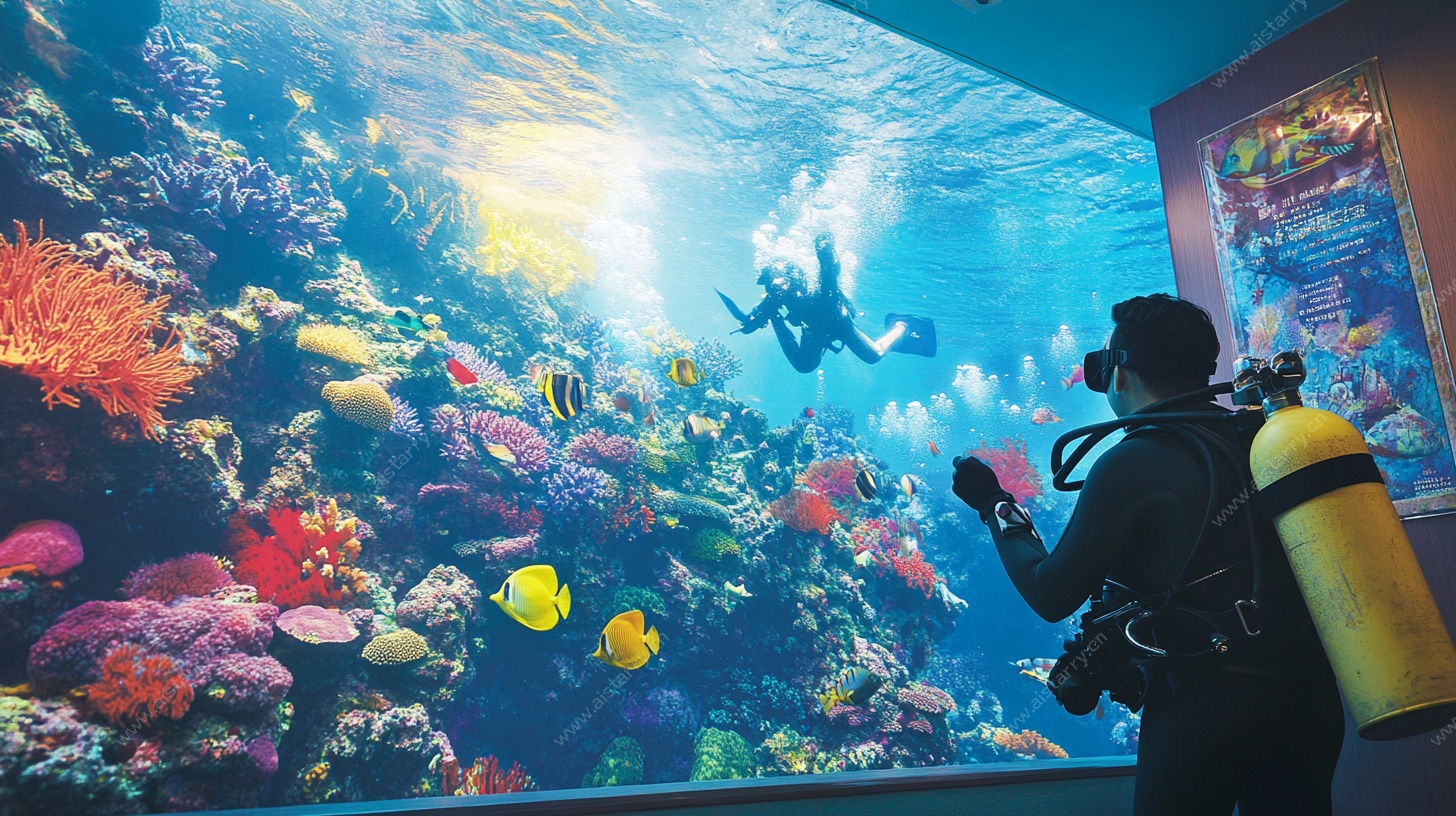 潜水员在绚丽水族馆内潜水