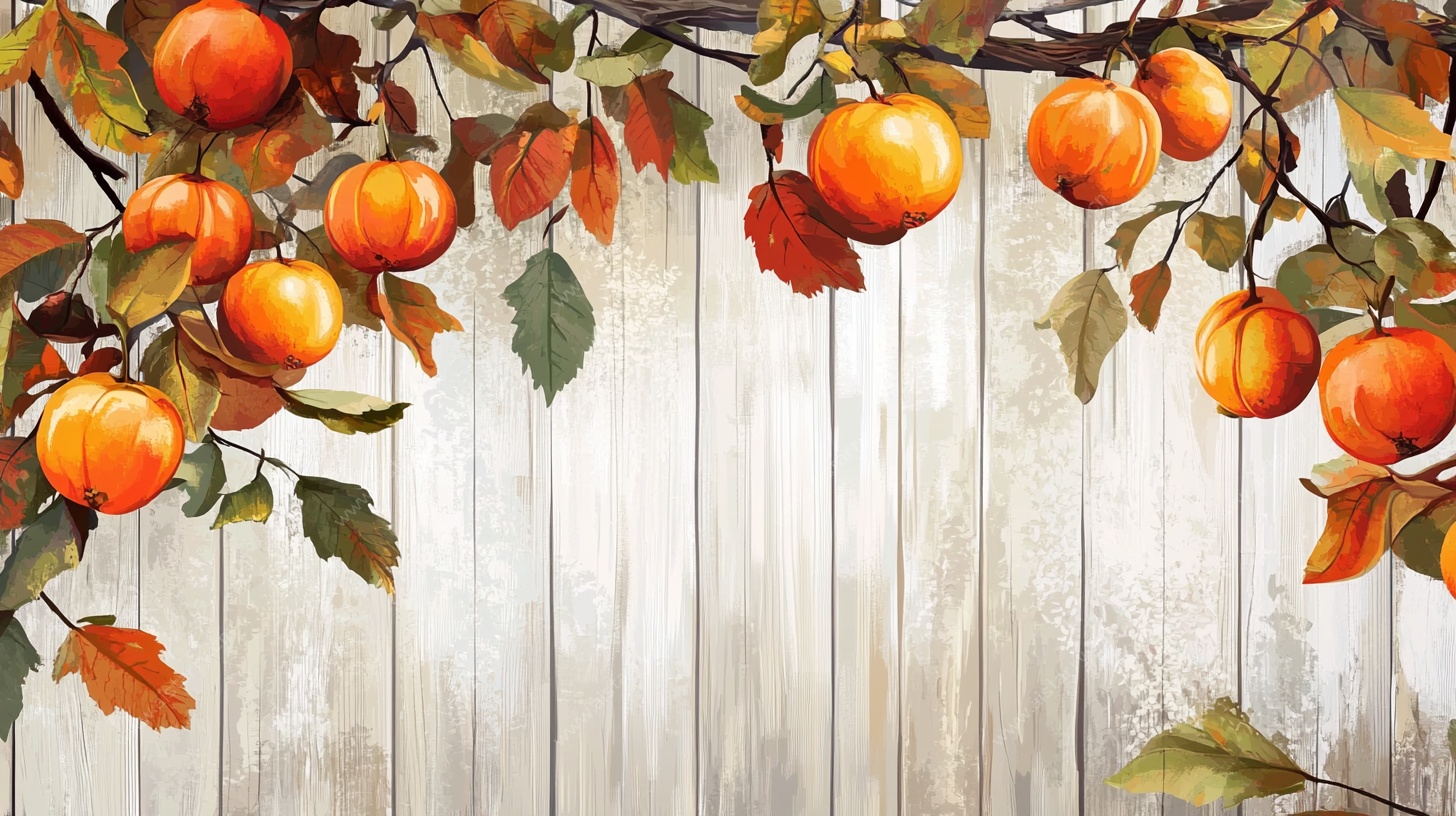 秋日木墙旁的柿子与落叶