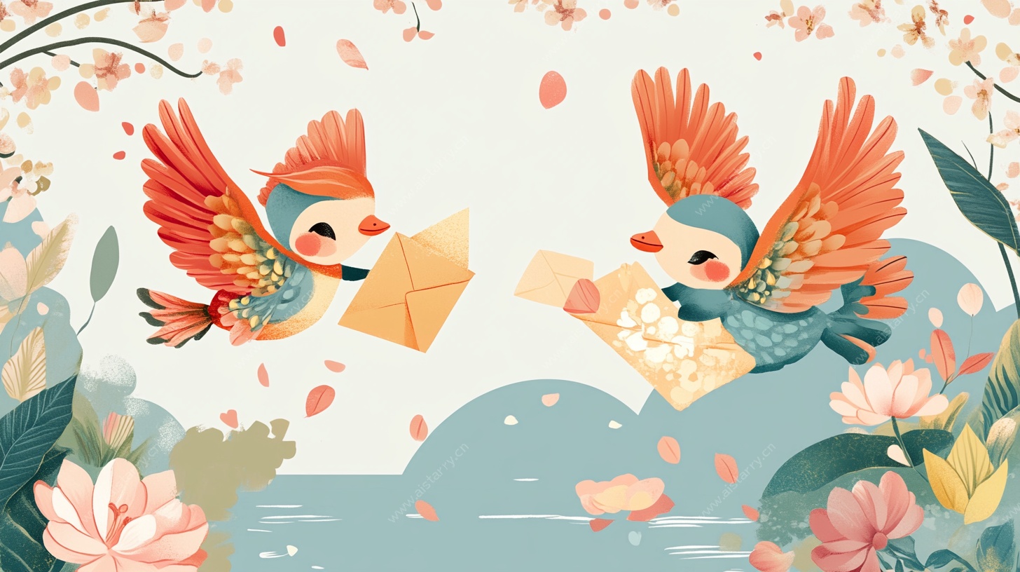 飞鸟传书的浪漫插画场景
