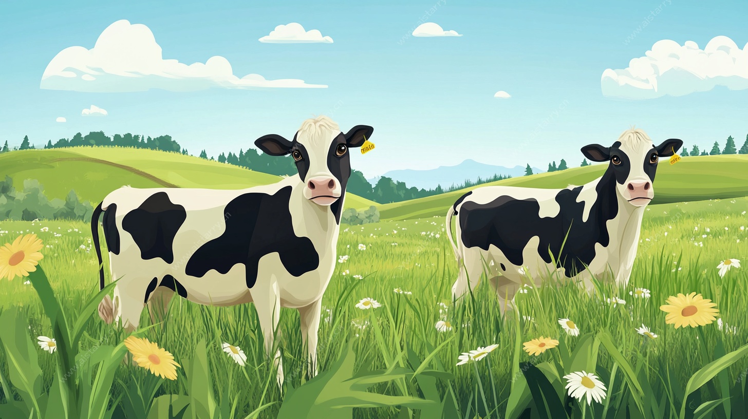 田野中的黑白花奶牛