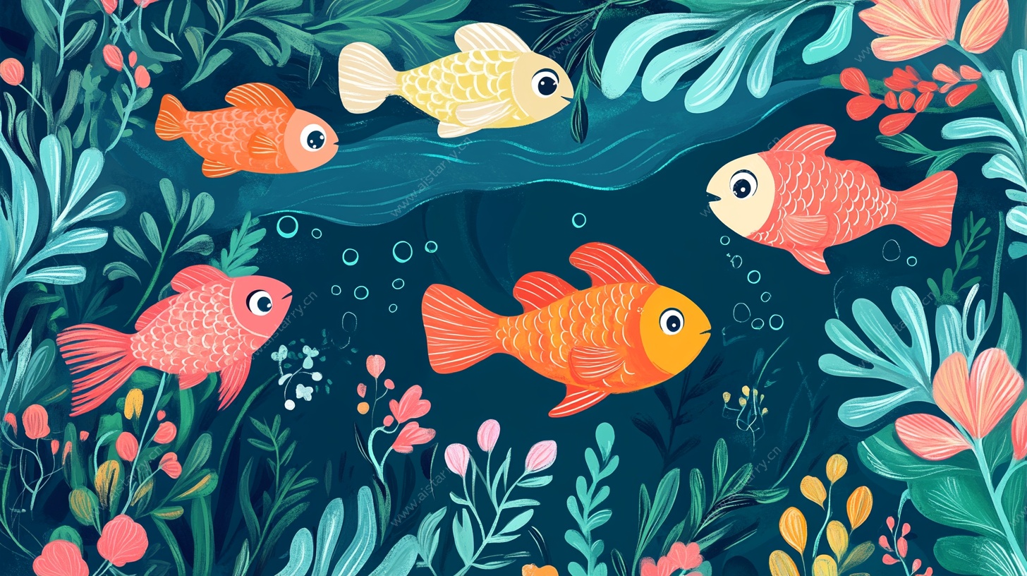 畅游海底的多彩金鱼插画