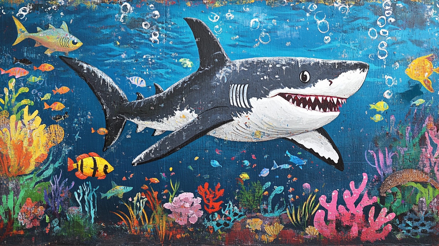 鲨鱼畅游海底世界插画