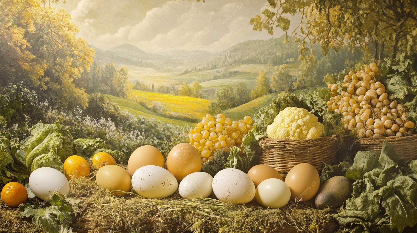 田园蔬果鸡蛋丰收景象