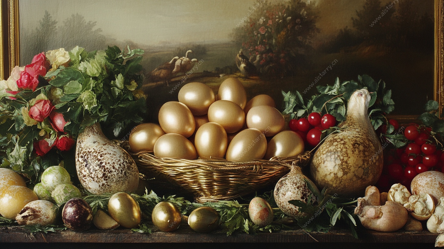 金蛋与蔬果静物油画
