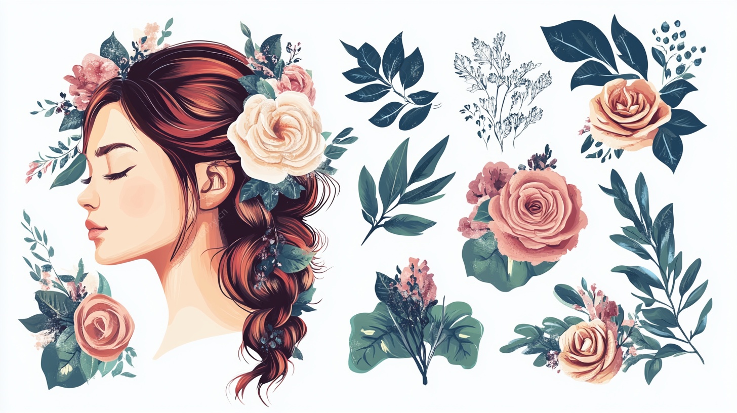 花环少女与花卉元素集合