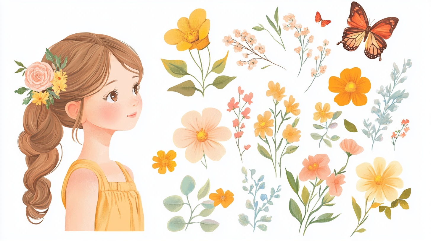 扎辫女孩与缤纷花卉