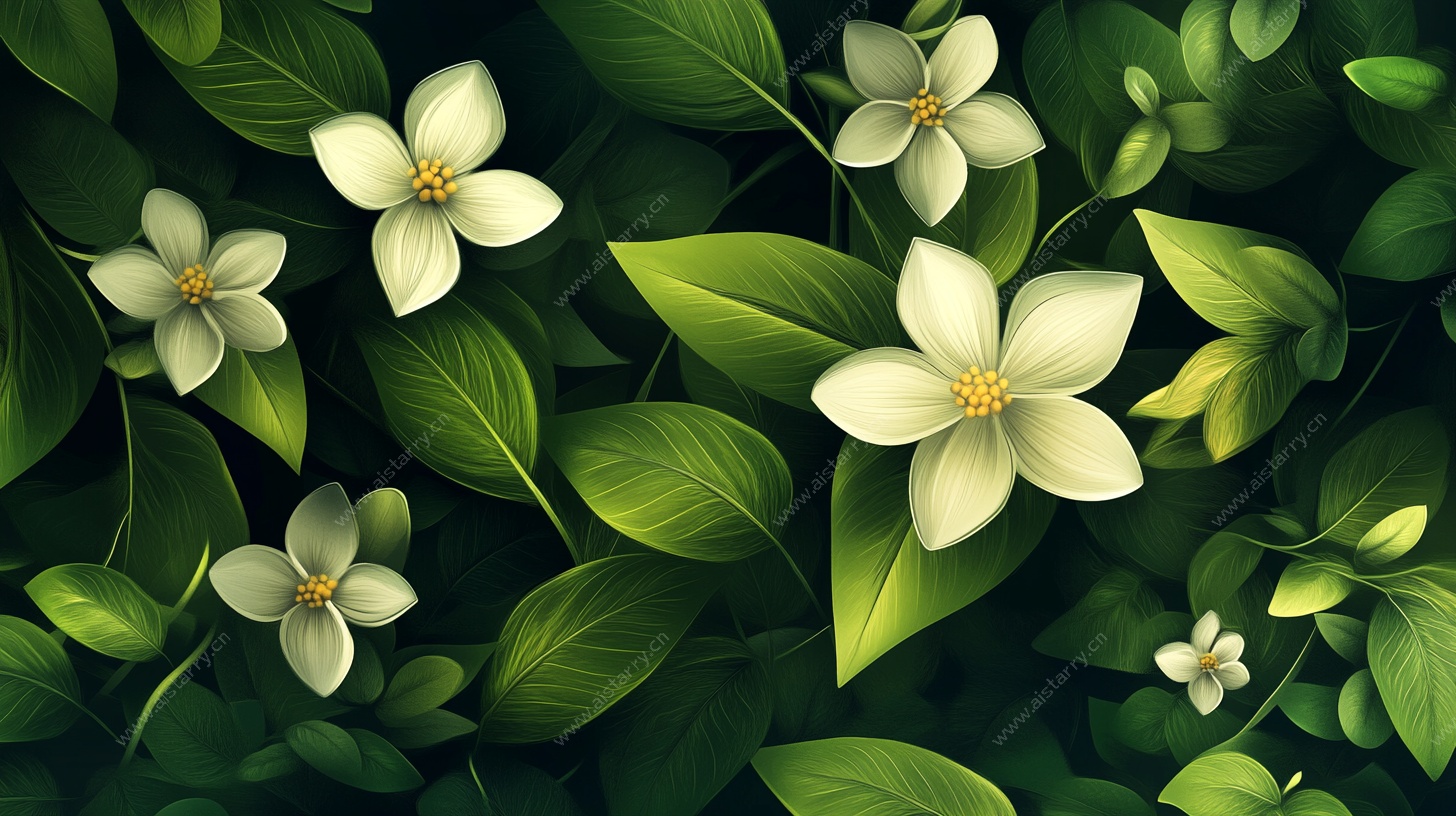 白色小花与绿叶插画