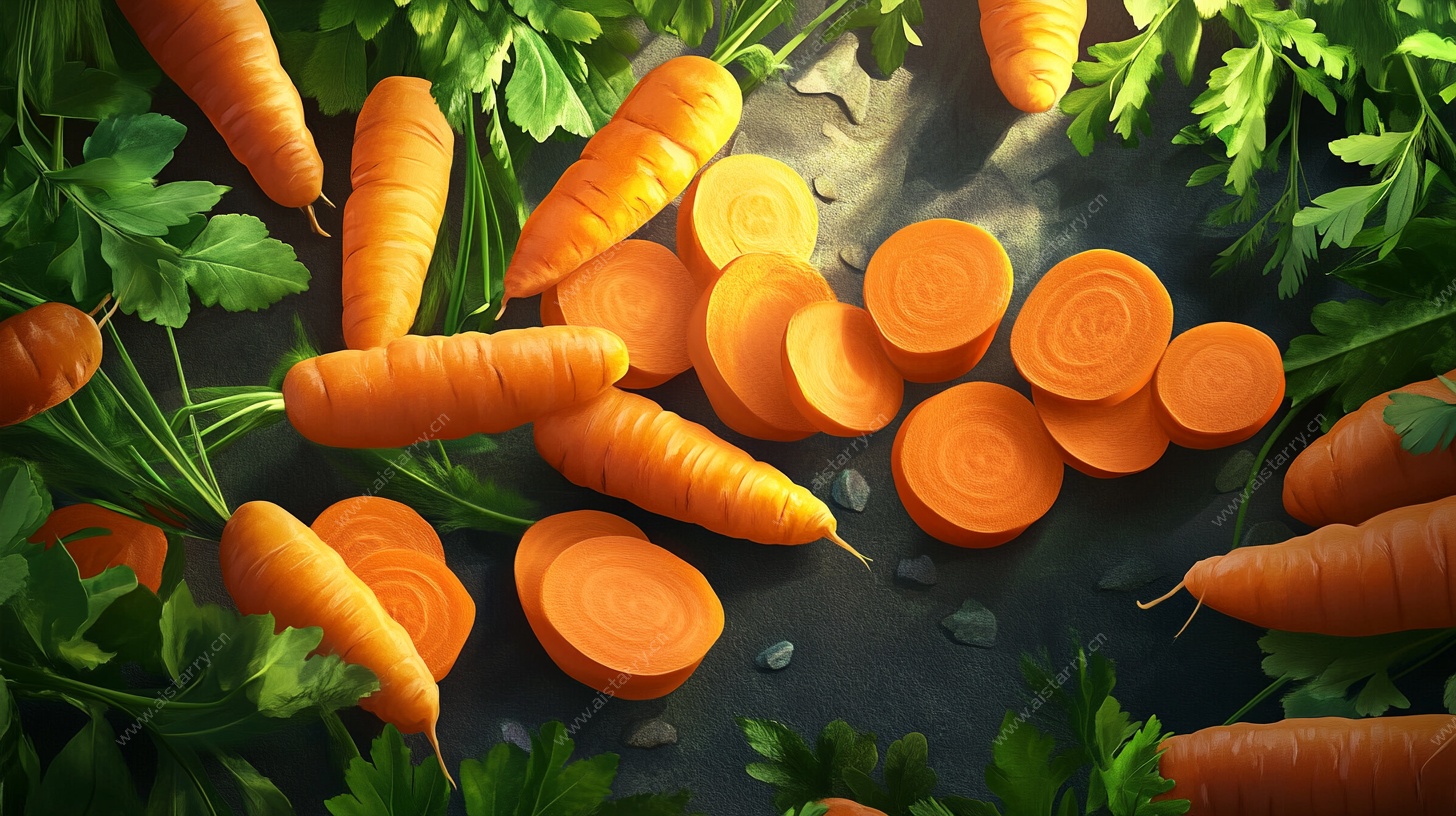 新鲜胡萝卜切片与整根展示