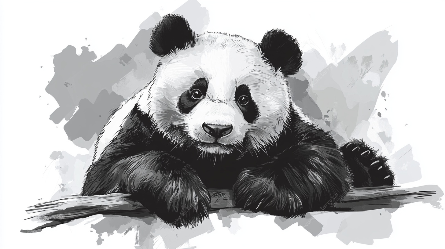 水墨风熊猫趴在树枝上