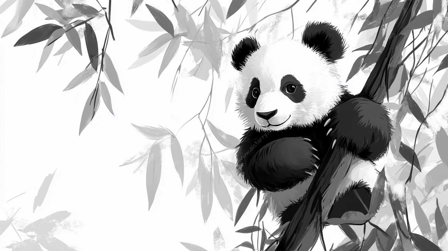 水墨风熊猫攀竹图