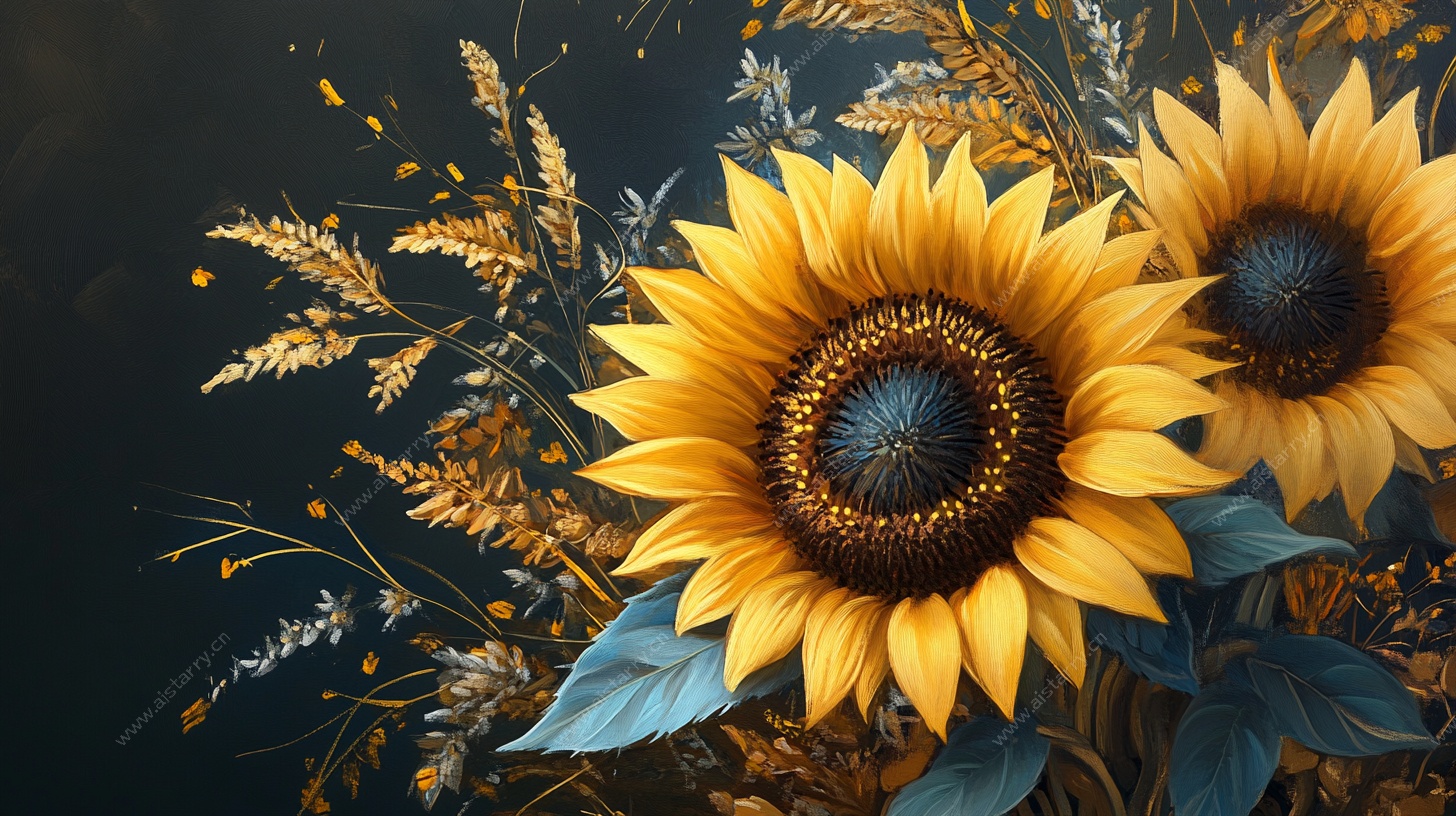 两朵向日葵与谷物插画