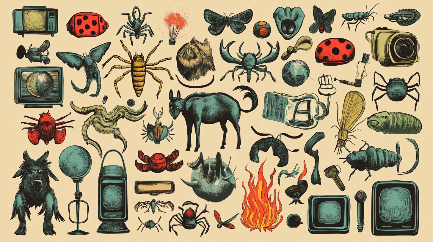 复古风奇幻动物与物品插画