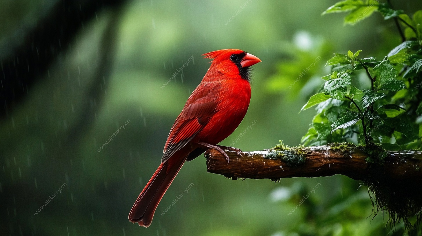 雨中红雀栖枝