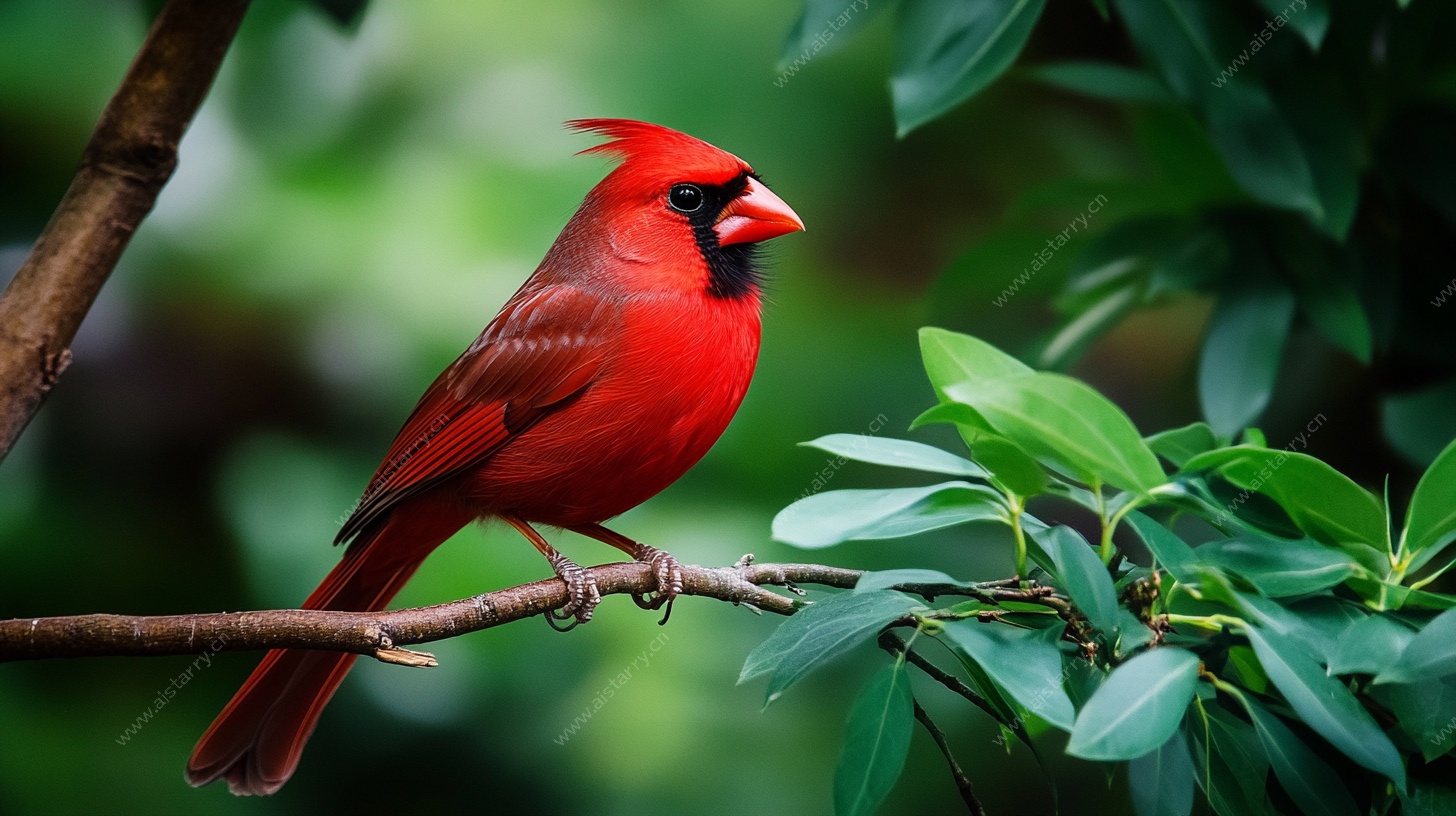 红衣主教鸟栖息绿叶枝头