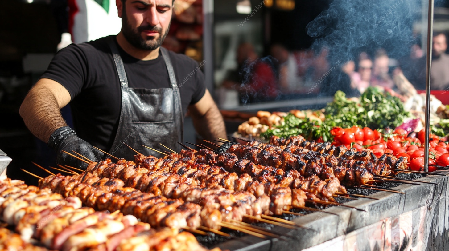 街头烤肉摊师傅专注烤制