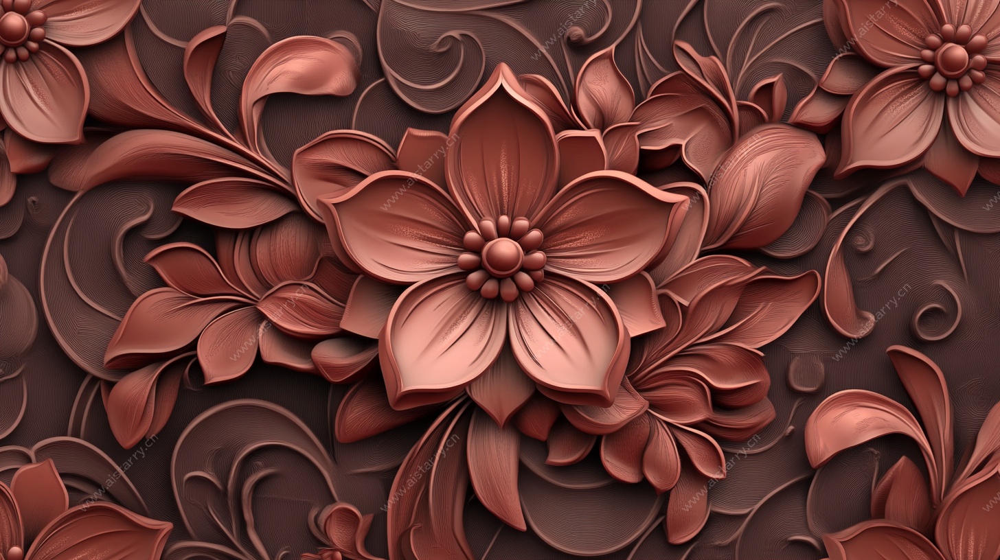 立体棕红色花卉浮雕图案