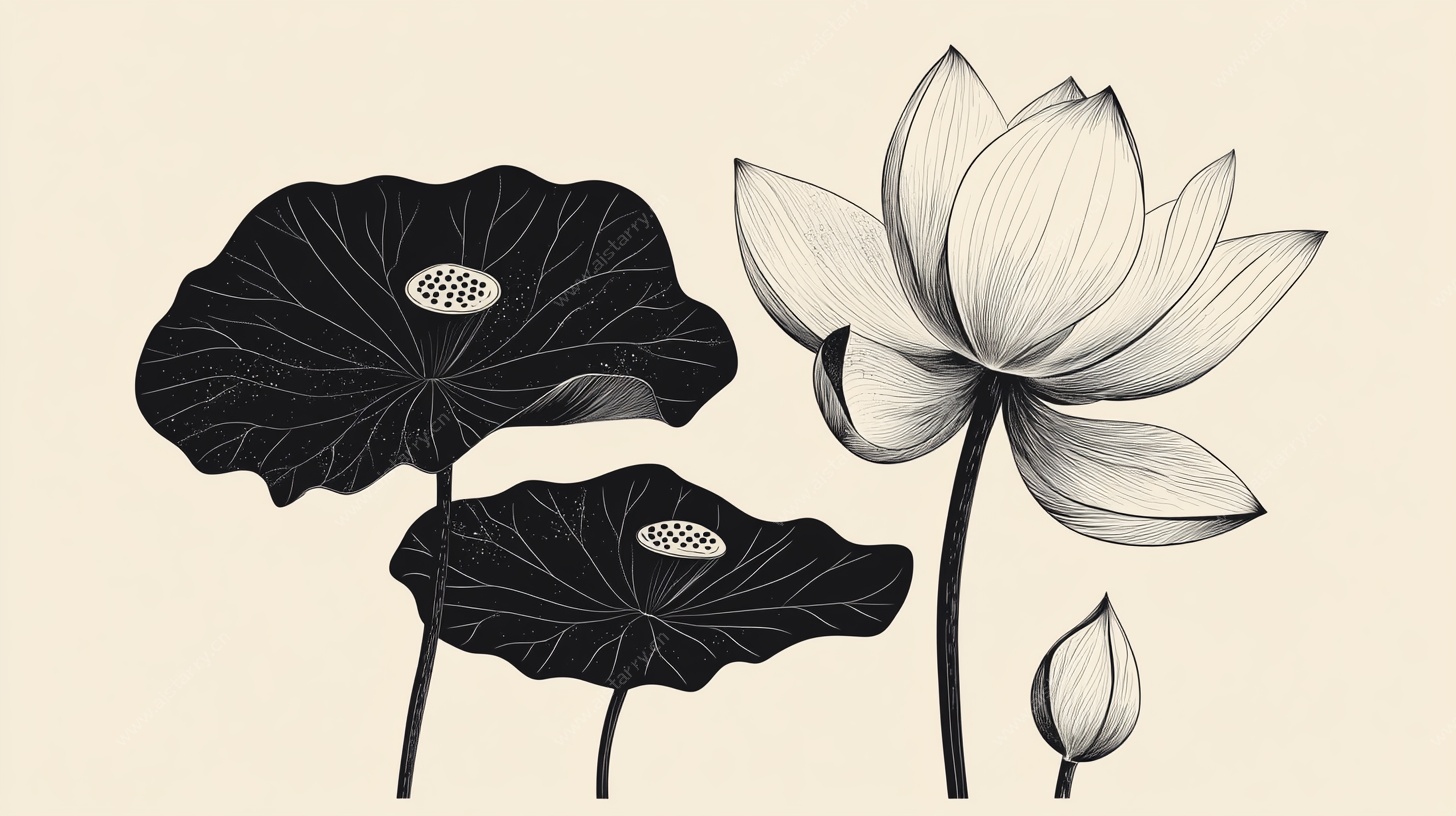 黑白手绘荷花荷叶图