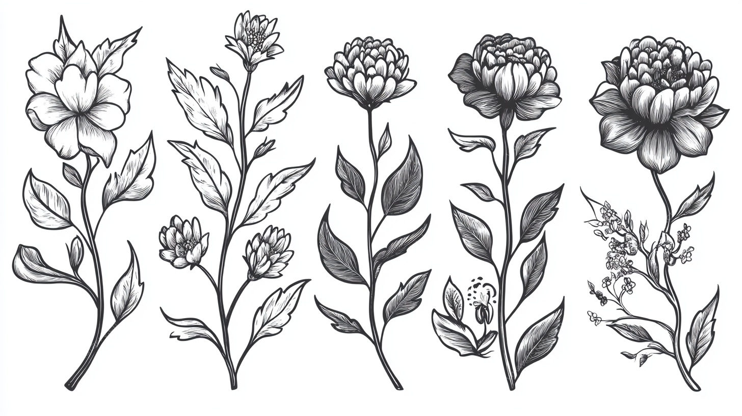 手绘花卉植物线条插画