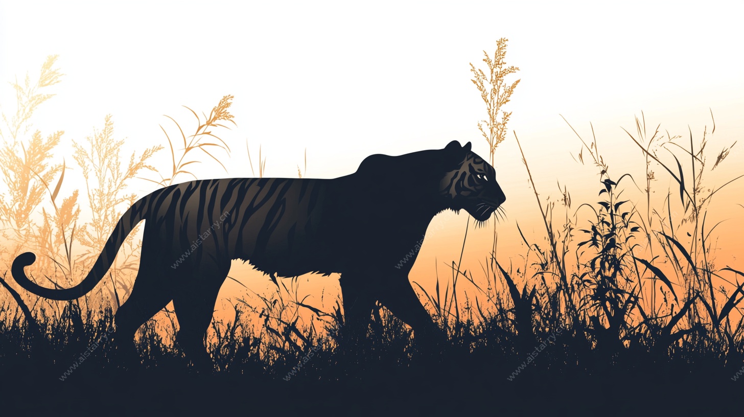 黄昏中漫步的老虎剪影