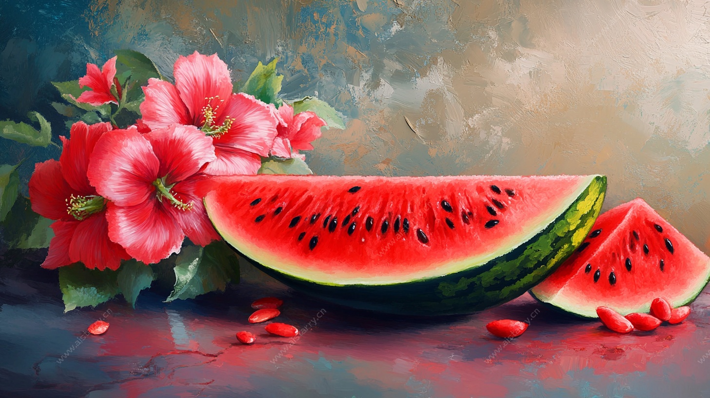 夏日花卉与西瓜油画