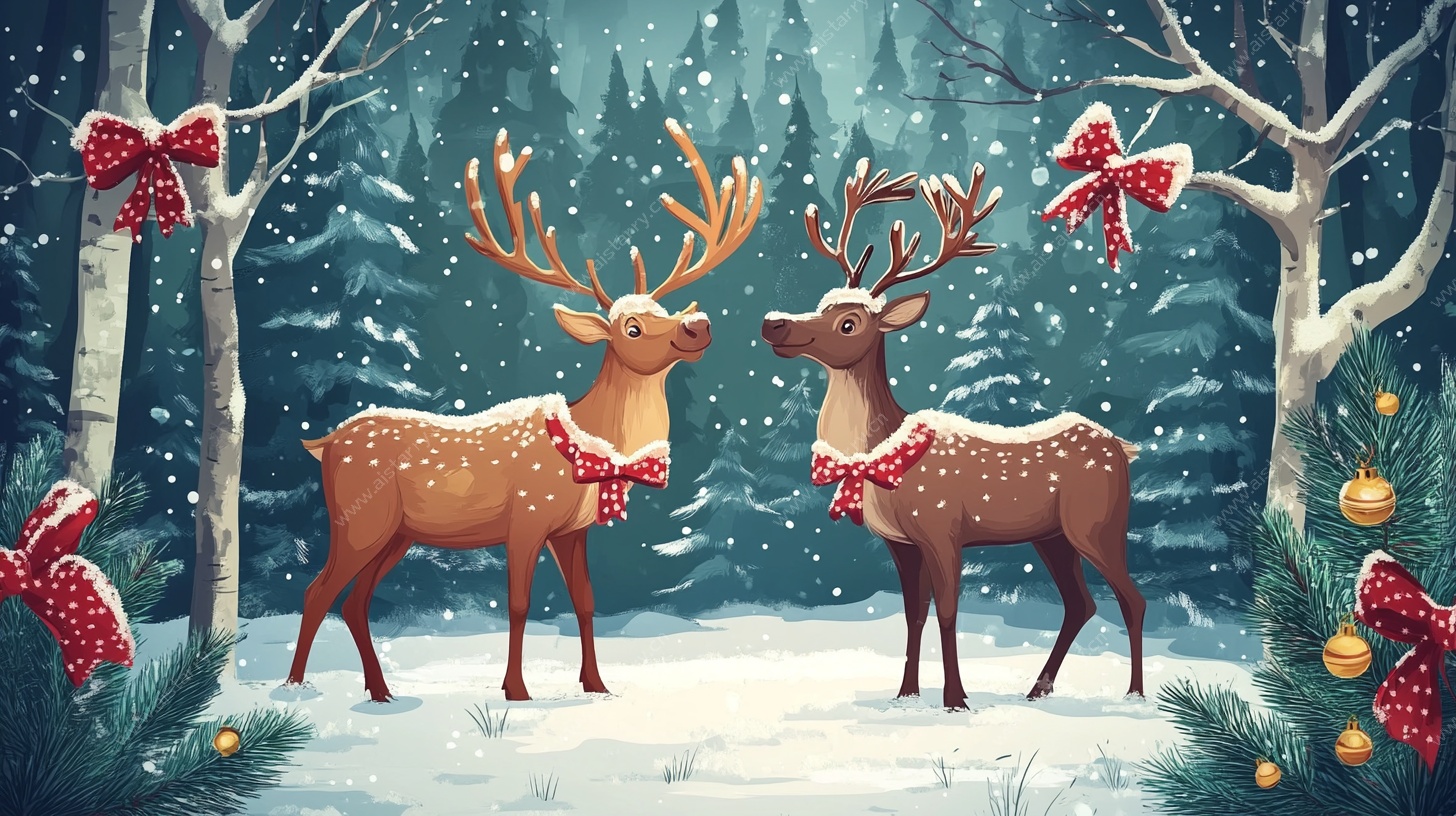 冬日森林中的驯鹿装饰画