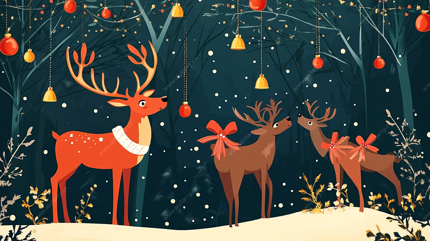 圣诞夜驯鹿雪景插画